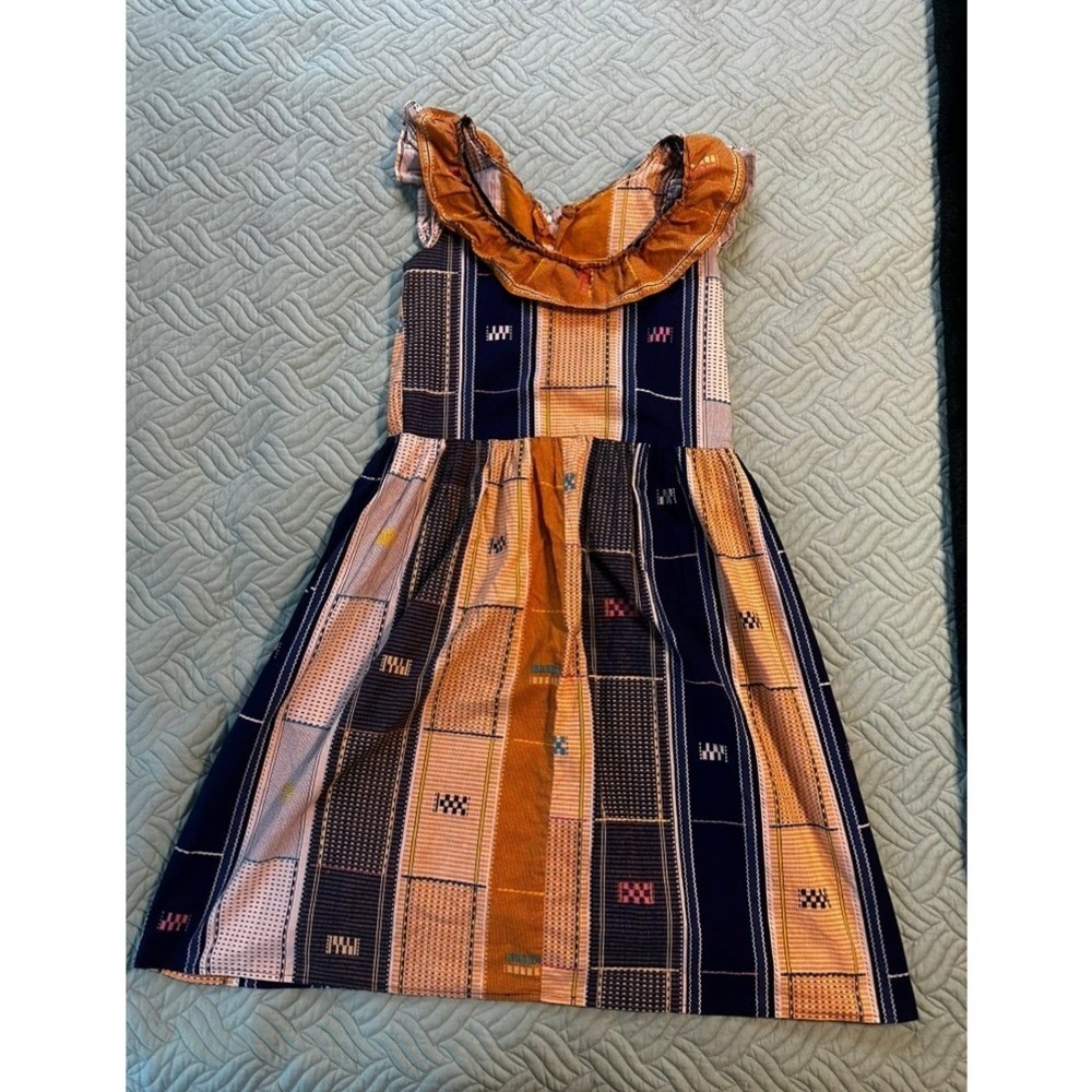 Bohemian Geometric Patchwork Ruffle Neck Midi‎ Dress Mustard Navy Sleeveless